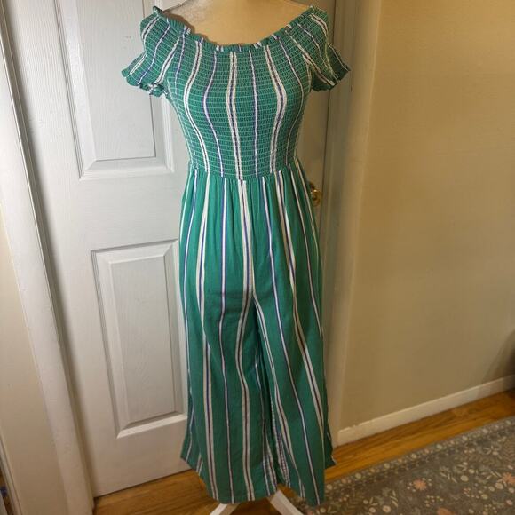 Cleobella Jade Jumpsuit Teal Navy White Striped Off the Shoulder Wide Leg Small - Picture 2 of 13